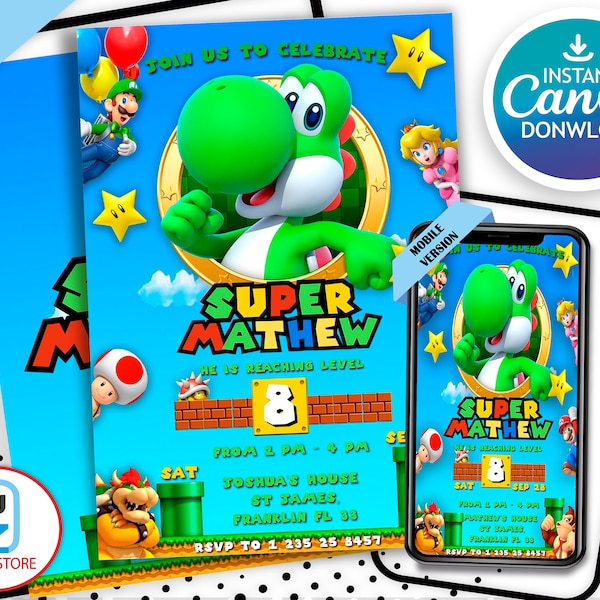 Yoshi Birthday Invitation | Printable Invitation | Instant Download | Yoshi Themed | Super Mario Invitation Birthday