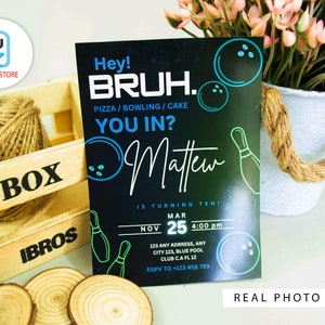 Neon Bowling Birthday Invitation, Editable Bruh Theme (Digital Download)