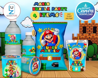 Super Mario Bundle Printables, Super Mario Decorations, Super Mario Birthday Party, Mario bros Juice Label,Chip Bag Labels,Mario Invitation.