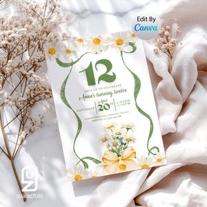 Faire-part d&#39;anniversaire marguerite : modèle de toile modifiable (téléchargement numérique 5 x 7 po. PDF/JPEG)