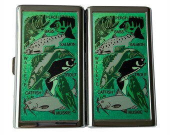 Salmon Perch Bass Trout Walleye Muskie Fishing Stainless Steel Cigarette Case Business Card ID Holder Art Deco Free shipping Worldwide