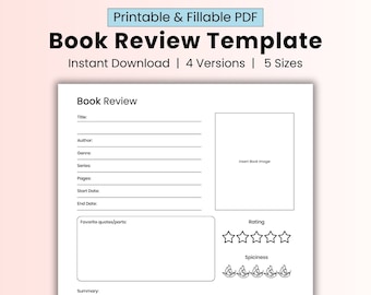Book review printable template, digital reading journal pdf, book journal review template, A4 A5 Half Page US Letter Classic Happy Planner