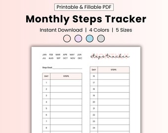 Seguimiento de pasos mensual imprimible, registro de pasos diarios, diario de caminata, contador de pasos, planificador de seguimiento de actividad física, plantilla de seguimiento de pasos rellenable
