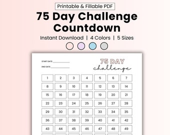 75 Day Hard Challenge printable 75 day daily countdown tracker 75 Soft Challenge tracker A4 A5 Half Page US Letter Daily Happy Planner i pad