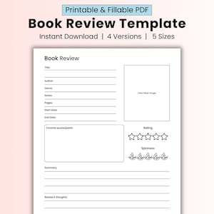 Plantilla imprimible de reseña de libros, diario de lectura digital pdf, plantilla de reseña de diario de libros, A4 A5 media página US Letter Classic Happy Planner