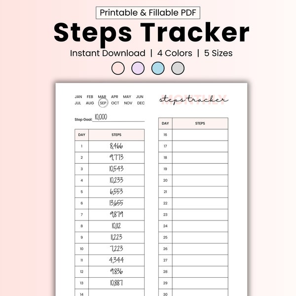Daily step tracker record, step log, monthly step tracker printable, fillable fitness tracker, health & fitness planner template walking log