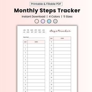 Maandelijkse staptracker afdrukbaar, dagelijks stappenrecord, wandeldagboek, stappenteller, fitnesstrackerplanner, invulbare staptrackersjabloon