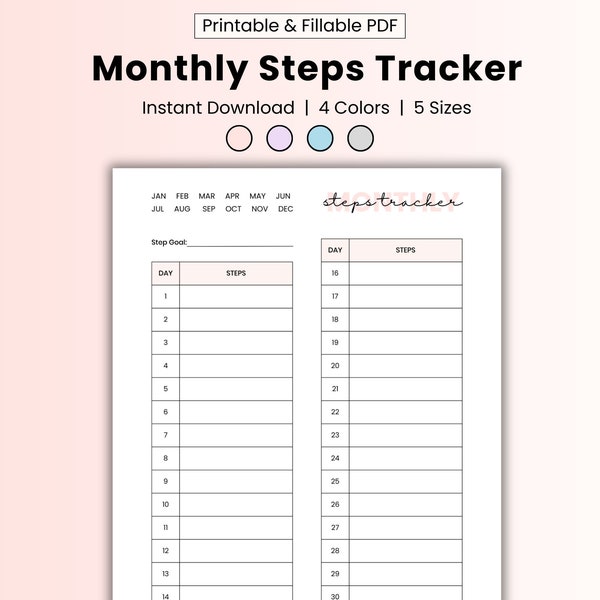 Monthly step tracker printable, daily steps record, walking journal, step counter, fitness tracker planner, fillable step tracker template