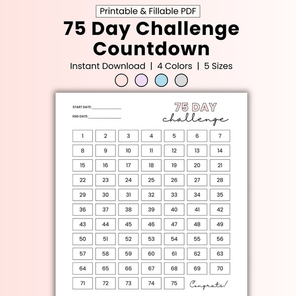 75 Day Hard Challenge printable 75 day daily countdown tracker 75 Soft Challenge tracker A4 A5 Half Page US Letter Daily Happy Planner i pad