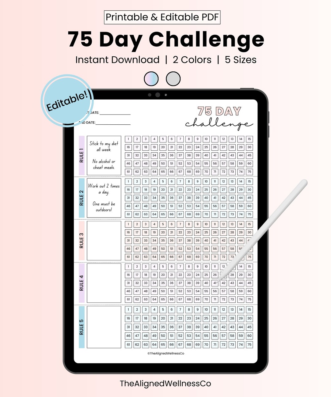 75 Day Hard Challenge Tracker, 75 Soft Challenge Printable, EDITABLE 75 ...