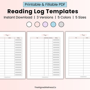 May include: Three printable reading log templates with different layouts. Each template has a title, author, start date, end date, genre, and rating columns. The templates are in black and white with a light pink background.