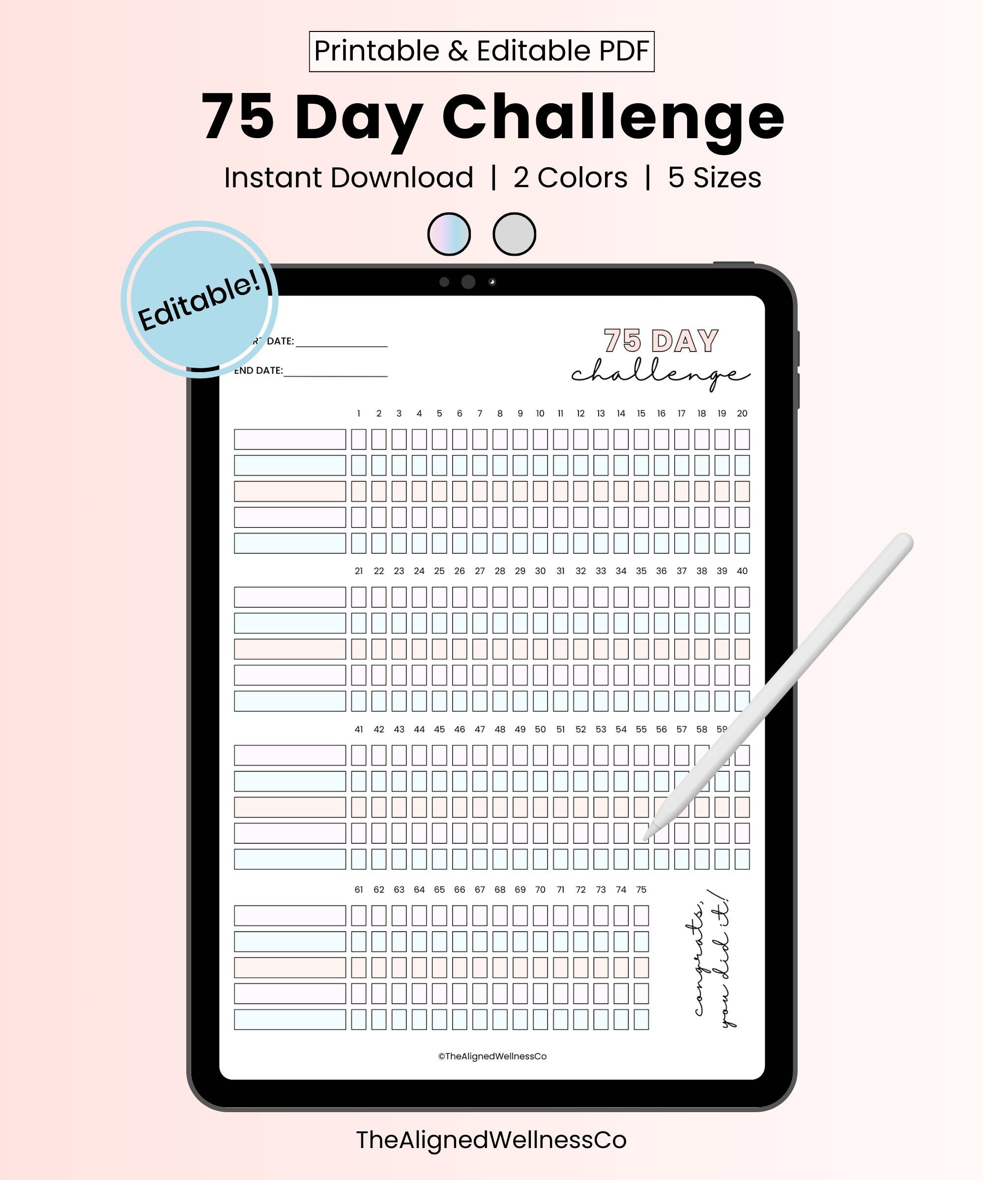 EDITABLE 75 Day Hard Challenge Tracker, 75 Day Challenge Printable, 75 ...
