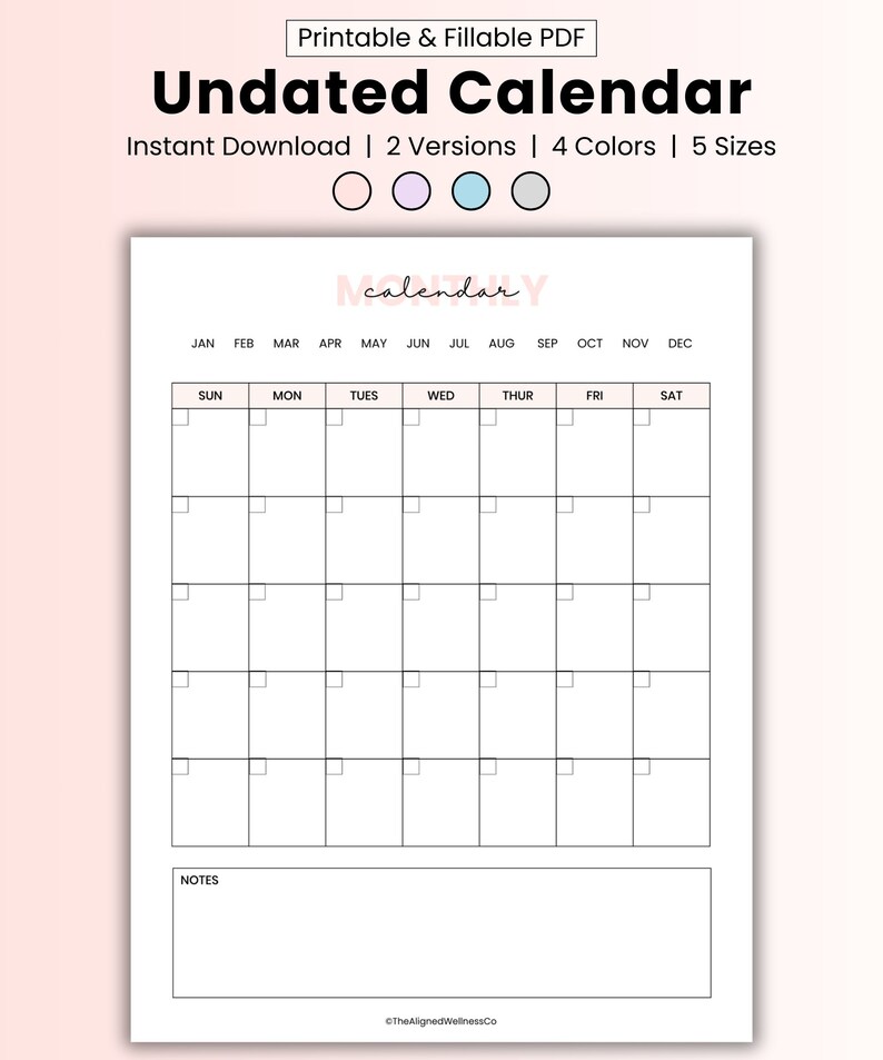 Monthly Blank Calendar, Undated Monthly Calendar, Landscape Vertical ...
