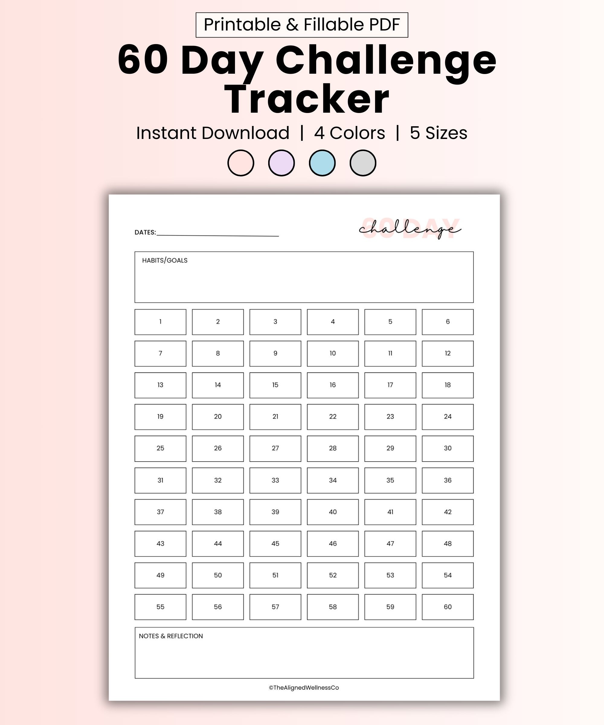 60 Day Challenge Tracker, 60 Day Goal Tracker template, printable monthly habit tracker, digital monthly goal planner template, weight loss