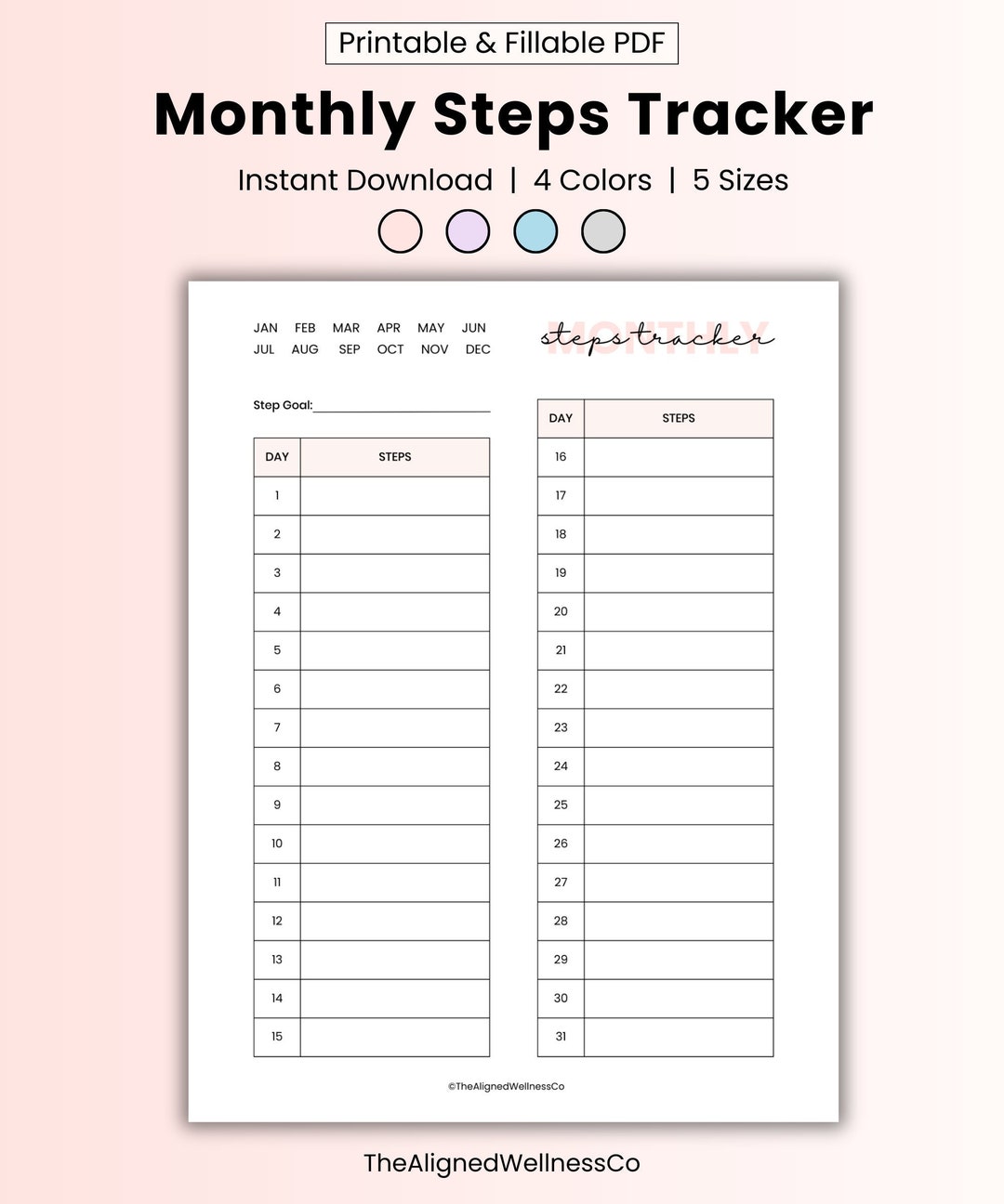 Monthly Step Tracker Printable, Daily Steps Record, Walking Journal ...