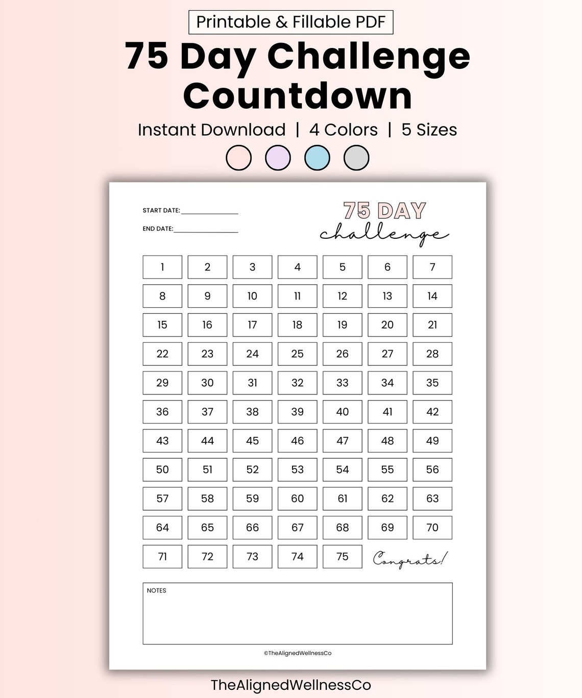 75 Day Hard Challenge Printable 75 Day Daily Countdown Tracker 75 Soft ...