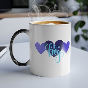 Gender Reveal- BOY- BLUE Hearts Color Morphing Mug, 11oz, Grandparents gifts, Dad gifts, Mom gifts, Aunt, Uncle, New Baby Announcement.