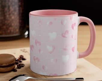 Rosa Quadrate mit rosa Herz-Akzent-Kaffeebecher, 11oz