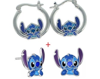 Disney Stitch Twin Set Jolies boucles d'oreilles en argent et créoles à la mode avec breloques sur la tête Puces d'oreilles Cadeaux Bijoux