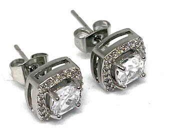 18K White Gold Silver Square Std Earrings Made With Swarovski Crystal with Gift Pouch