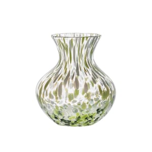 May include: A clear glass vase with a rounded body and a flared neck. The vase is decorated with a pattern of green and white speckles. The vase is approximately 7 inches tall.