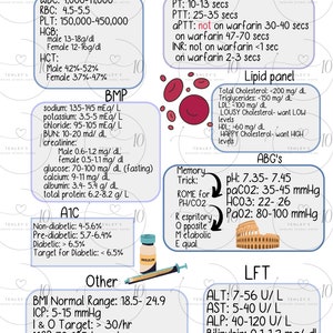 May include: A colourful cheat sheet with lab values for medical professionals. It includes sections for CBC, BMP, Coags, Lipid Panel, ABG's, LFT, and other important values. The sheet features a heart, a syringe, and a Roman Colosseum.