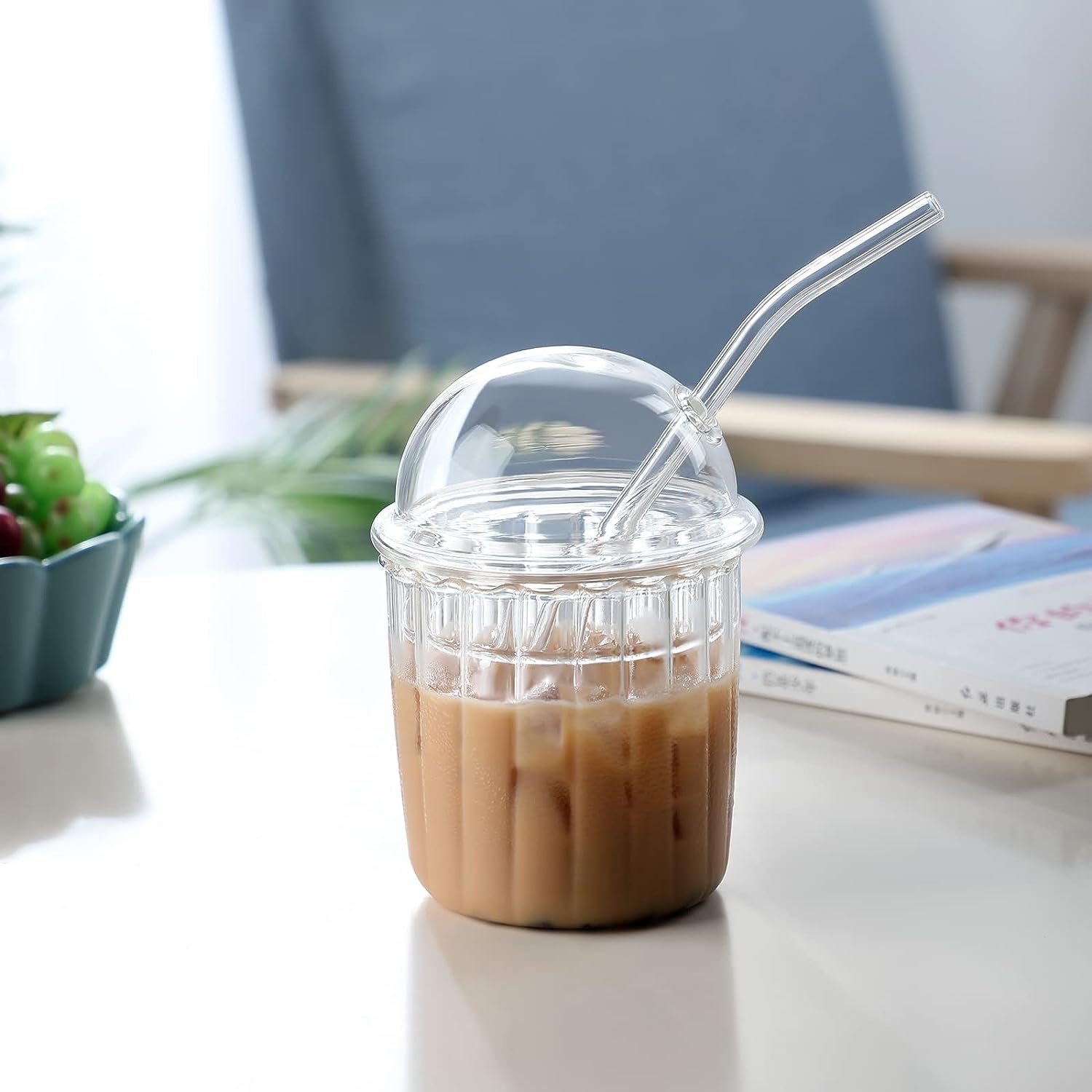 1pc Ribbed Glass Cup With Lid And Glass Straw, 13oz Striped Iced Coffee  Glass Tumbler, Vintage Glassware For Water/iced Coffee/tea/juice/milk