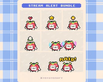 May include: A 6-pack of pixel art stream alert graphics featuring a strawberry character with various accessories. The text "STREAM ALERT BUNDLE" is displayed at the top. The word "RAID!" is also visible.