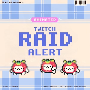 Alerta de incursión de Twitch de Strawberry Cat, alertas de Twitch de transmisión de píxeles lindos, superposición de incursión de frutas Kawaii para streamers, activos de transmisión de jugadores animados