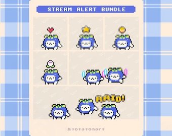 May include: A set of six pixel art stream alerts featuring a blue character with different animations. The animations include a heart, a star, a coin, a flower, and two pairs of wings. The text "RAID!" is also included in the set.