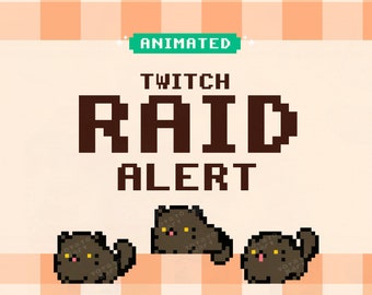 Può includere: Grafica animata di avviso di raid Twitch con il testo "ANIMATED", "TWITCH", "RAID" e "ALERT" in un font pixelato. Tre gatti pixelati marroni con occhi gialli spuntano da uno sfondo a scacchi arancione e bianco.