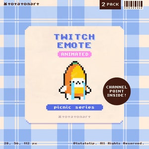 Pode incluir: Um pacote de 2 emotes animados do Twitch com um personagem de desenho animado pixelado que usa uma fantasia de banana e chora. Os emotes fazem parte de uma "série de piquenique" e estão disponíveis como pontos de canal. O texto "Twitch Emote Animated" e "Channel Point Inside!" está incluído na imagem.