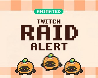 Może przedstawiać: Animowany alert o rajdzie na Twitchu z trzema pikselowanymi czarnymi kotami w pomarańczowych kostiumach dyni z zielonymi liśćmi na górze. Na obrazku widoczny jest tekst "ANIMATED", "TWITCH RAID ALERT" i "1080p webm".