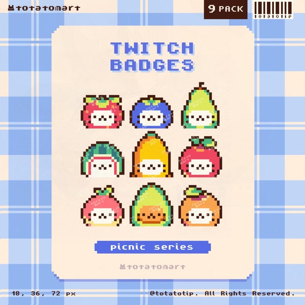 Cat Fruit Twitch Badges, Cute Twitch Sub Badge, Pixel Bit Badges for Twitch, Retro Food Streaming Assets, Kawaii Kitten Badges for Streamers