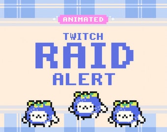 Puede incluir: Gráfico de alerta de incursión de Twitch animado con el texto "ANIMATED TWITCH RAID ALERT" en pixel art azul y blanco. Tres personajes de pixel art azul con flores amarillas en la cabeza están en la parte inferior de la imagen.