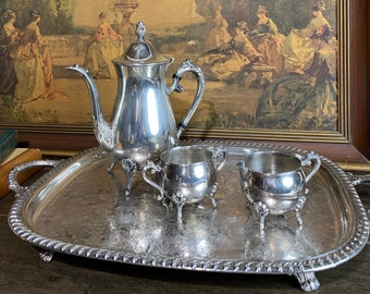 Vintage Silver Plated Four Piece Leonard Tea Pot, Sugar Dish, Cream Pot, And Tray Set | Made In Italy | Footed Tray