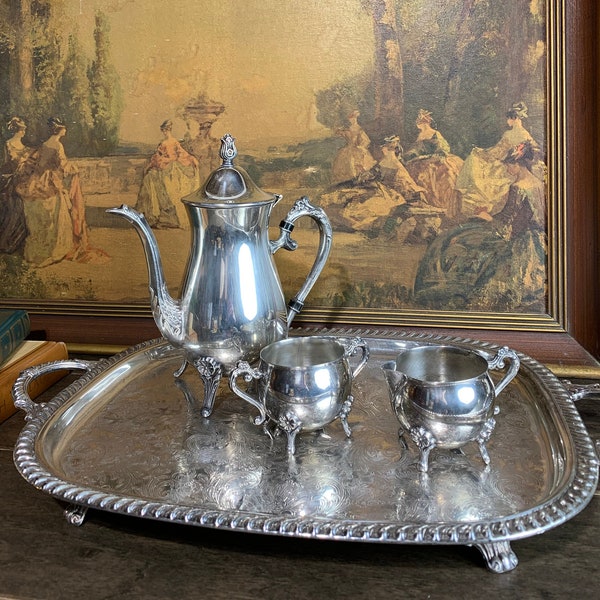 Vintage Silver Plated Four Piece Leonard Tea Pot, Sugar Dish, Cream Pot, And Tray Set | Made In Italy | Footed Tray