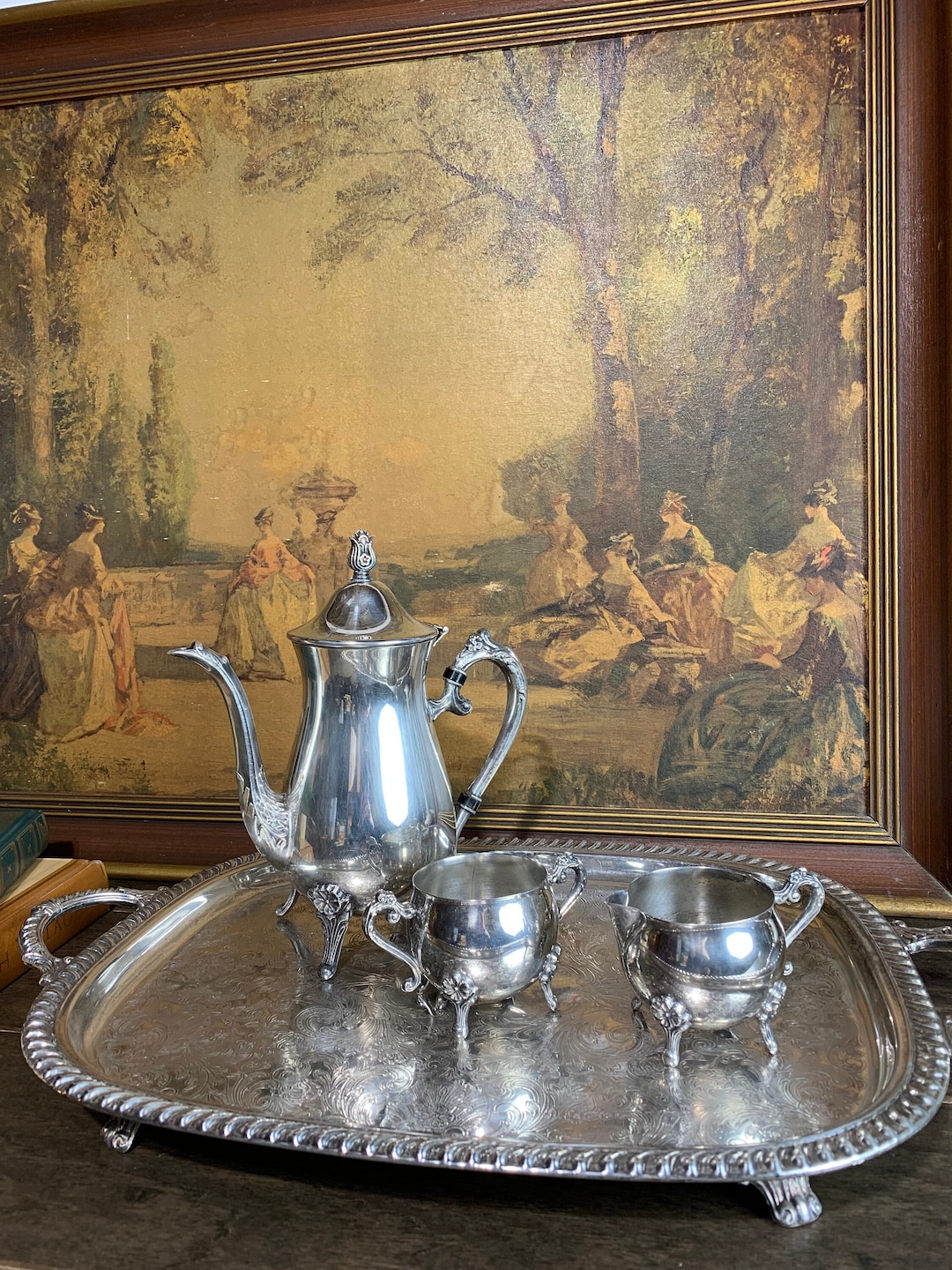 Vintage Leonard Silver Plated Tea Set: Italian Footed Tray, Coffee