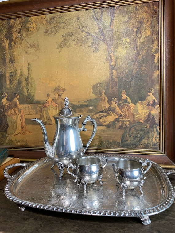 Vintage Leonard Silver Plated Tea Set: Italian Footed Tray, Coffee
