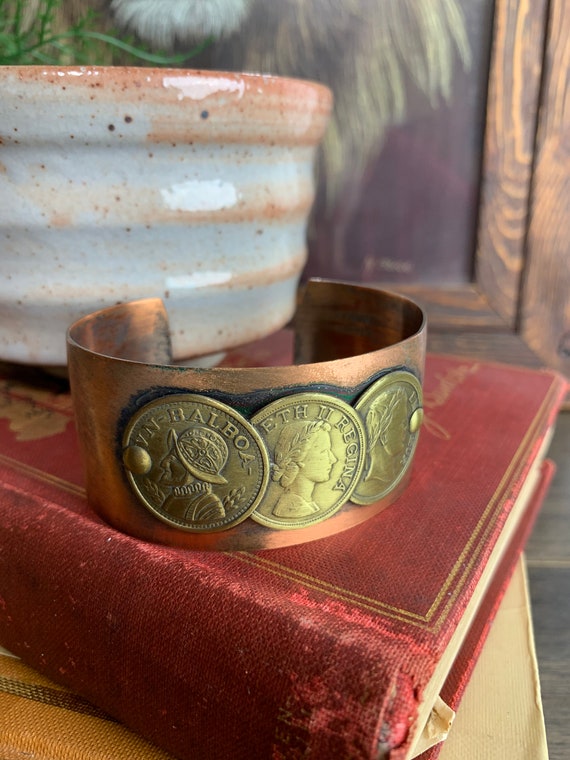 Vintage Copper Cuff Bracelet with Brass Coins | Wi