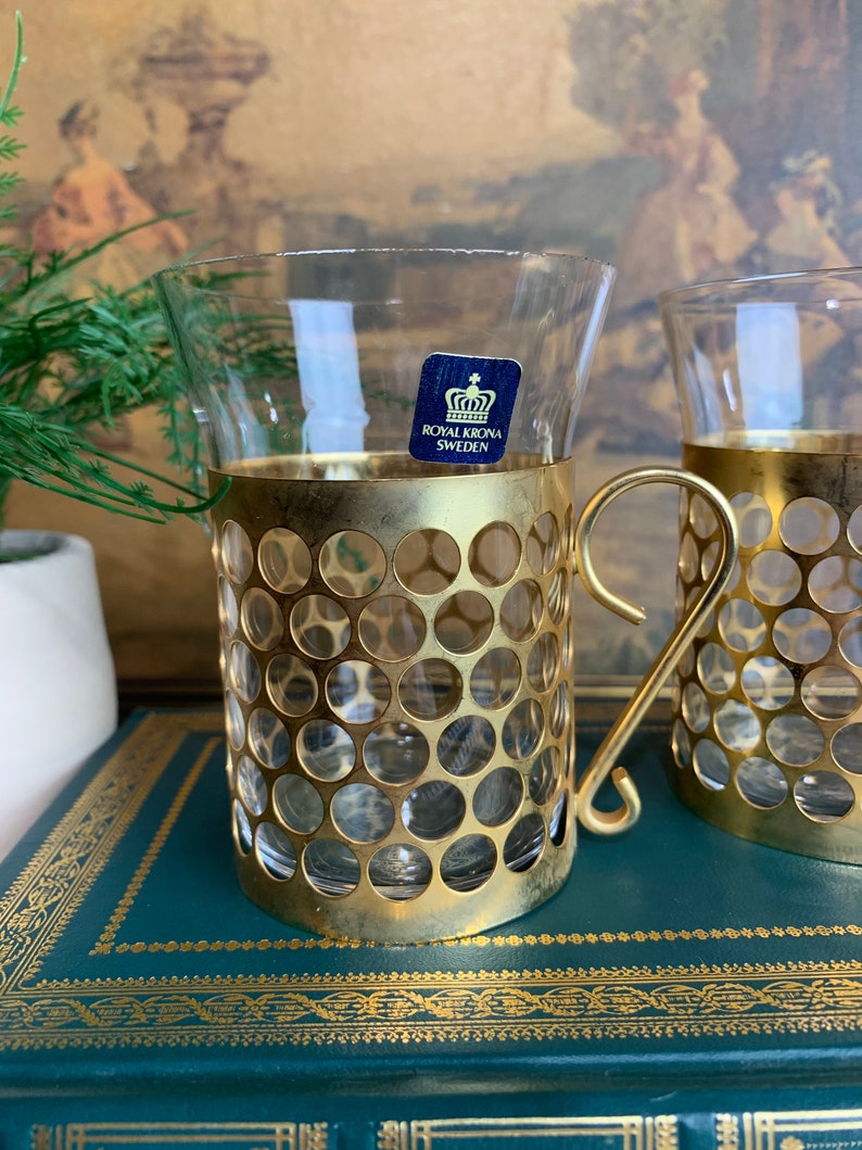 Vintage Royal Krona Irish Coffee Mugs Set of Two Glass Mugs in Metal