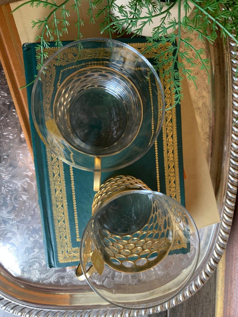 Vintage Royal Krona Irish Coffee Mugs Set of Two Glass Mugs in Metal