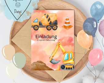 Invitation card with excavator design - children's birthday party