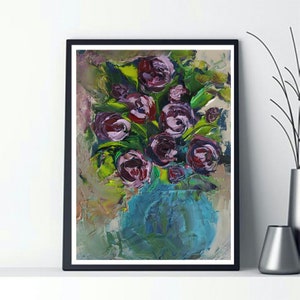 Pintura de flores Floral Arte original Impasto Pintura a óleo Pequena obra de arte Flores roxas Buquê semi-abstrato em um vaso
