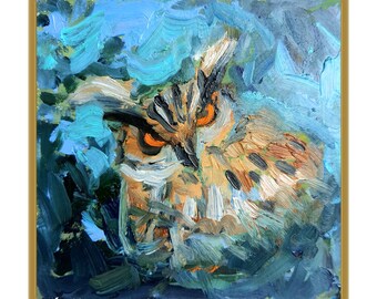 Owl Oil Painting Bird Original Art Small 6x6