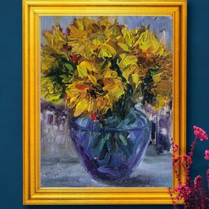 Pintura a óleo crisântemo semi-abstrata, arte original, buquê de flores amarelas em um vaso, pintura İmpasto, decoração para casa, arte de parede
