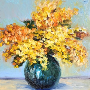 Pintura a óleo de mimosa Flores amarelas Obra de arte original Pintura moderna de İmpasto Pequeno presente Decoração para casa Arte de parede