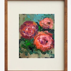 Pintura a óleo de peônia floral, arte original, pintura empastada, mini arte, flor de rosa, buquê de coral semi-abstrato, pequeno presente, arte de parede para casa
