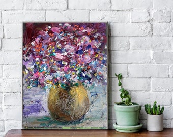 Fleur peinture florale originale empâtement peinture à l'huile petite oeuvre 6 x 8 fleurs lilas semi abstrait bouquet peinture violet
