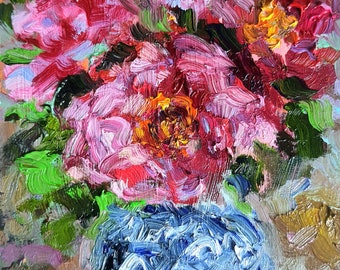 Pink Peony Oil Painting Floral Original Art Coral Peony Bouquet in a Vase Impasto Artwork Vivid Impressionist Art Semi Abstract Painting